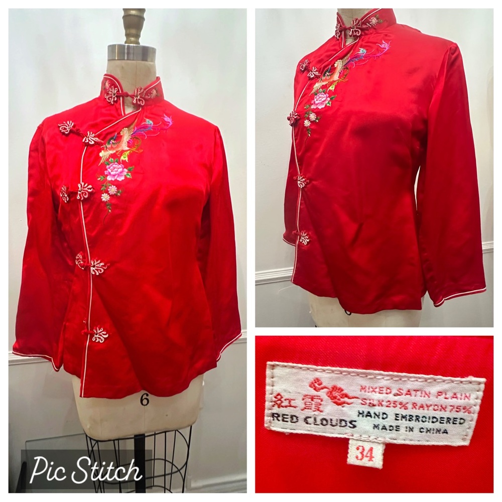 Vintage 1940s Red Cheongsam traditional Chinese jacket hand embroidered silk